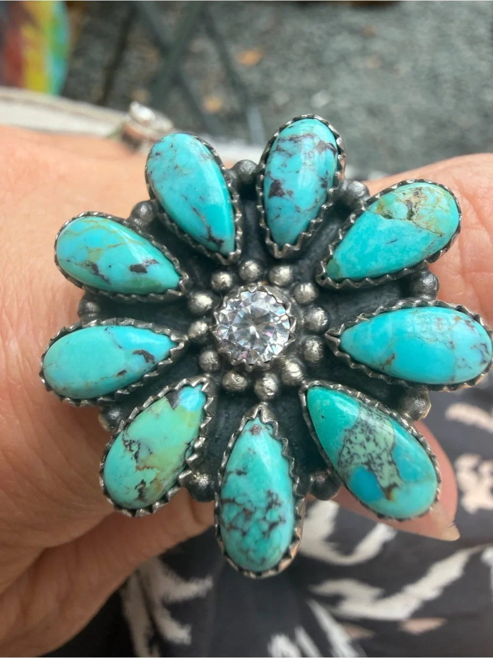 925 Sterling Silver Turquoise Teardrop Flower Statement Ring - southwestern boho